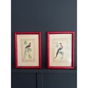 Vintage Mexican Feather Art Birds Painting Folk Art Red Frames Set Wall Decor